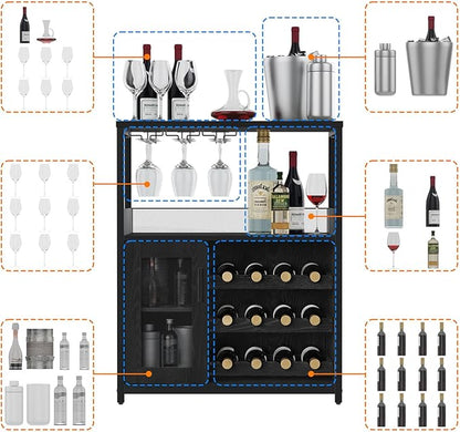 GAOMON Coffee Wine Bar Cabinet with Storage and Detachable Rack, Farmhouse Sideboard and Buffet Cabinet with Glass Holder and Mesh Door, Liquor Coffee Bar Cupboard, Black