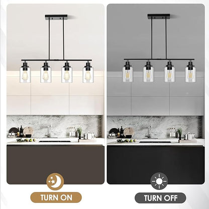 Dining Room Light Fixture, 4-Light Industrial Black Chandeliers for Dining Room, Height-Adjustable Dining Room Light Fixtures Over Table, Dining Room Chandelier Clear Glass Shade for Kitchen Island
