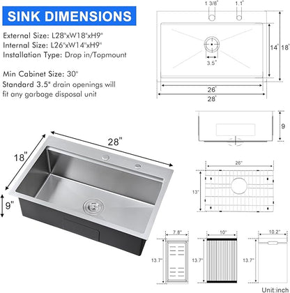 MENATT 28 inch Drop In Kitchen Sink with Ledge, 2 Faucet Hole Single Bowl Workstation Sink, 18 Gauge 304 Stainless Steel Top Mount Kitchen Sink with Accessories