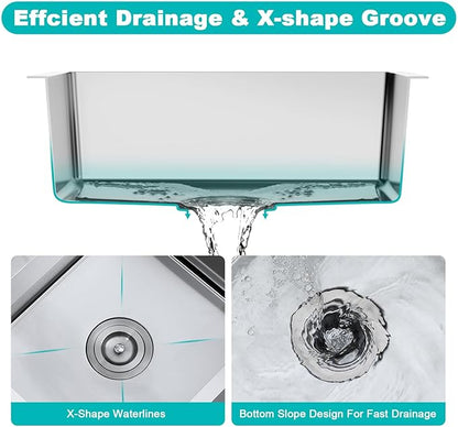 18x18 Inch Drop in Kitchen Sink, 304 Stainless Steel Single Bowl with Bottom Grid Mat & X-Shape Drain, 9” Deep Compact Sink for Small Kitchen, Apartment, RV, Wet Bar