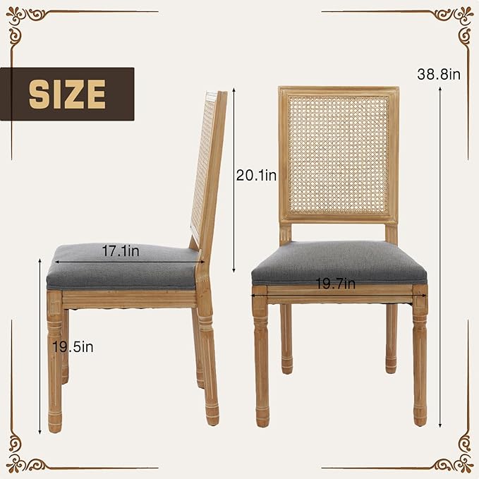 SoarFlash French Dining Chairs Set of 2, Vintage Dining Chairs with Rattan Backrest, Wooden Framehouse Chairs for Living Room, Kitchen, Restaurant, Grey