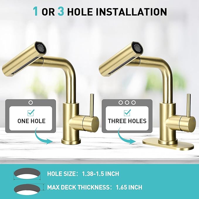 Bathroom Sink Faucet with 4 Mode Pull Down Sprayer, Brushed Gold Single Handle Pull Out Faucet with Pop-Up Drain, 1 or 3 Hole Laundry Bar Basin Faucet with Deck Plate