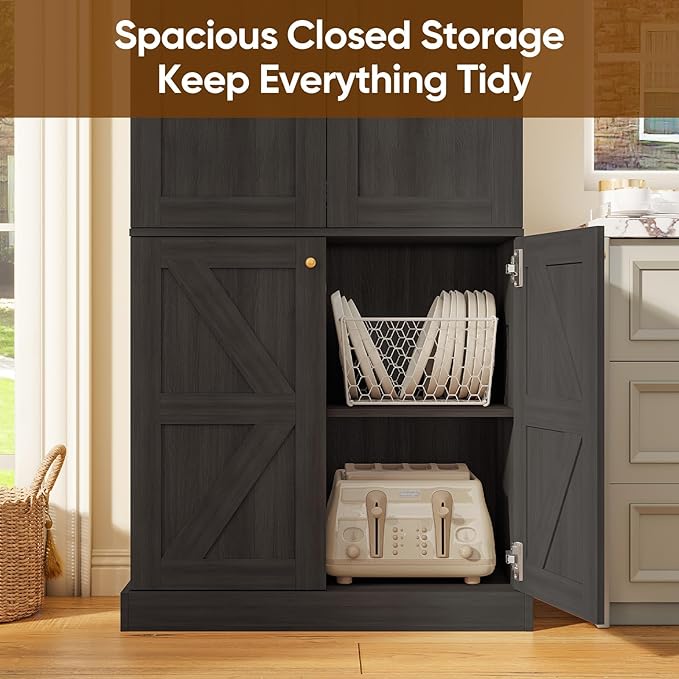70.8" Tall Kitchen Pantry Cabinet with Doors, Farmhouse Modular Storage Cabinet with 4-Tier Adjustable Shelves, Large Storage Cabinet for Kitchen or Living Room, Black