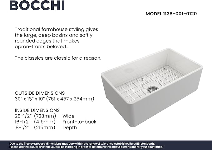 BOCCHI Classico Farmhouse Apron Front Fireclay 30 in. Single Bowl Kitchen Sink with Protective Bottom Grid and Strainer in White