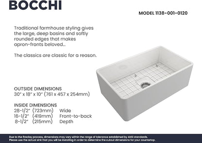 BOCCHI Classico Farmhouse Apron Front Fireclay 30 in. Single Bowl Kitchen Sink with Protective Bottom Grid and Strainer in White