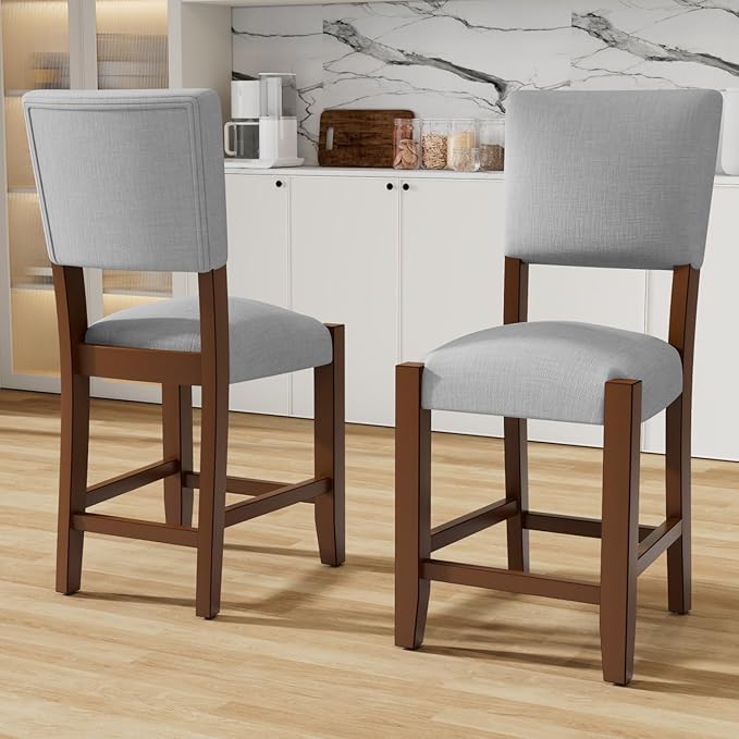 Mid Century Modern Stools Set of 4 Grey Linen Upholstered Modern Elegance Kitchen Island Dining Room Durable