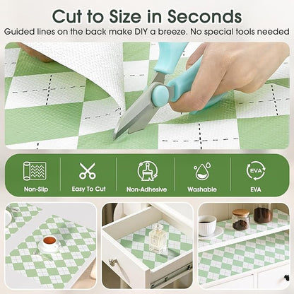 Coavas Shelf and Drawer Liner, Non Slip Extra Grip Non Adhesive Waterproof Thickened Cabinet Mat, Easy Cut for Kitchen Pantry Bathroom Dresser Cupboard (Green Rhombic, 12IN x 10FT)