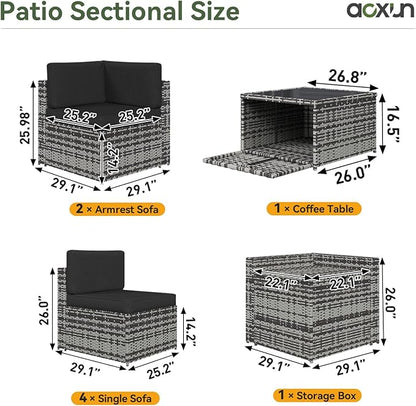 Aoxun 8 Piece Patio Furniture Set, Wicker Outdoor Furniture with Large Storage Table, Patio Conversation Sets with Waterproof Cover, Outdoor Sectional Sofas for Backyard Garden(Grey/Black)