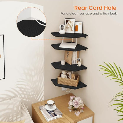Homode Corner Floating Shelves, Corner Shelves Wall Mounted with Cord Hole, 4 Tier Diamond Shape Corner Hanging Shelving for Wall Storage, for Cable Box, TV Cords, Books, Plants, Black