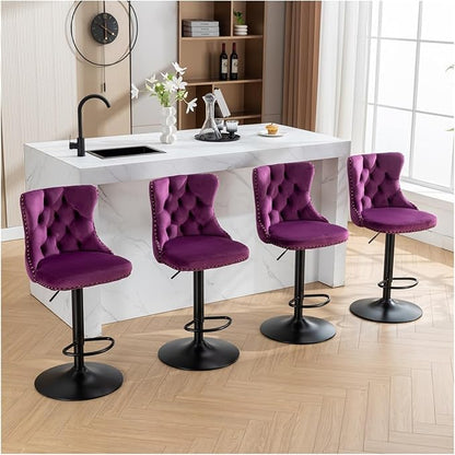 Swivel Velvet Barstools Adjusatble Seat Height from 25-33 Inch,17.7 inch Base, Modern Upholstered Bar Stools with Backs Tufted for Home Pub and Kitchen Island,Purple,Set of 2,for Living Room