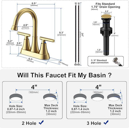 Bathroom Faucets for Sink 3 Hole, Hurran 4 inch Brushed Gold Bathroom Sink Faucet with Pop-up Drain and Supply Hoses, Stainless Steel Lead-Free Centerset Faucet for Vanity RV, 2 Pack