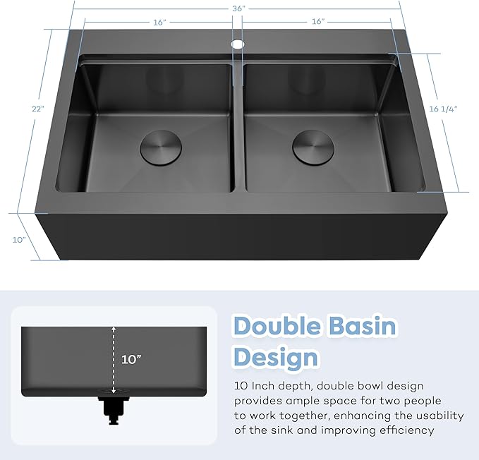 Black Farmhouse Kitchen Sink 36 x 22 Drop In, 50/50 Double Bowl Farm Sinks, 16 Gauge Stainless Steel Workstation Sink with Ledge & Accessories, 36" x 22" x 10" Large and Deep Double Sink