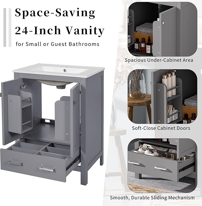 Favfurish 24" Modern Bathroom Vanity with Ceramic Sink, Freestanding Storage Cabinet w/2 Soft-Close Doors & 1 Drawer, Double-Layer Door Shelf, Solid Wood Frame for Small Bathrooms, Easy Assembly,Grey