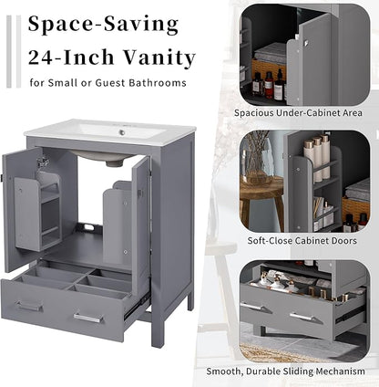 Favfurish 24" Modern Bathroom Vanity with Ceramic Sink, Freestanding Storage Cabinet w/2 Soft-Close Doors & 1 Drawer, Double-Layer Door Shelf, Solid Wood Frame for Small Bathrooms, Easy Assembly,Grey
