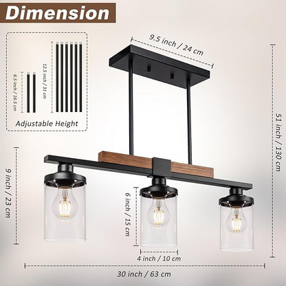 VenzBlomia Black Kitchen Island Lighting Fixture, 3-Light Farmhouse Dining Room Chandelier Over Table, Large Pendant Light Ceiling Hanging, Modern Dining Table Light with Adjustable Height