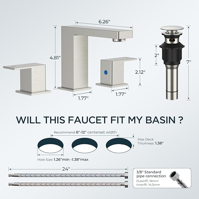 FORIOUS Brushed Nickel Bathroom Faucet 3 Hole, 8 Inch Widespread Square Bathroom Sink Faucet with Metal Pop-Up Drain and cUPC Supply Lines Included for Restroom, Lavatory, Basin, Restroom and Mall