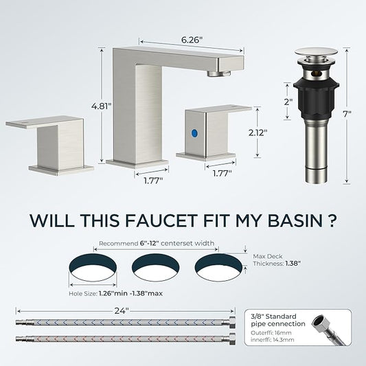 FORIOUS Brushed Nickel Bathroom Faucet 3 Hole, 8 Inch Widespread Square Bathroom Sink Faucet with Metal Pop-Up Drain and cUPC Supply Lines Included for Restroom, Lavatory, Basin, Restroom and Mall
