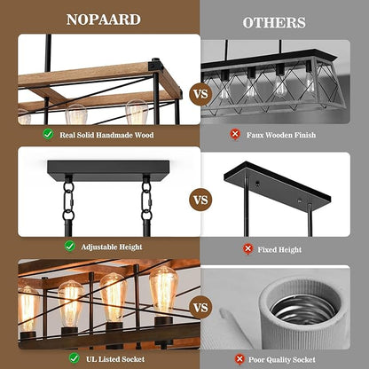 Farmhouse Kitchen Island Lighting, 5-Light Solid Wood 31.5” Dining Room Pendant Light Fixtures, Rustic Chandelier with Adjustable Height for Dining Room Kitchen Bar Pool Table (Natural Wood)