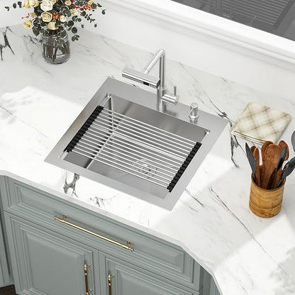 Kichae 21 Inch Outdoor Kitchen Sink - 21" x 20" Stainless Steel Drop Sink 16 Gauge with Pull Down Faucet Combo & Cover for Small Outdoor Kitchens, Bar Prep, and RV Use