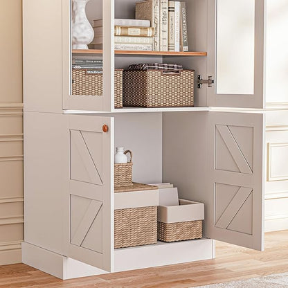 ivaniti 71" Tall Farmhouse Kitchen Pantry, Rustic Large Storage Cabinet with Glass Doors, Adjustable Shelves, Wood Versatile Hutch Cabinet for Dining Room, Living Room, White, Set of 3