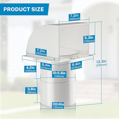 [Upgraded] Hon&Guan 6 Inch Hooded Wall Vent with Magnetic Seal Flap and Removable Mesh, Arc-Shaped 6'' Exhaust Vent Cover Cap for Kitchen Range Hood/Dryer/Bathroom Exhaust(Galvanized Steel, White)