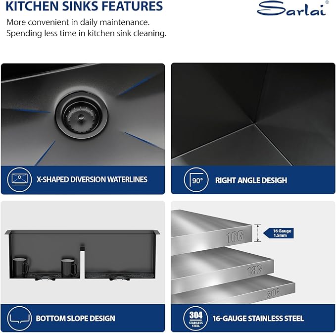 Sarlai 33 Inch Black Undermount Kitchen Sink Double Bowl 33 x 19 Inch Low Divided Gunmetal Black Workstation Double Kitchen Sink Stainless Steel 16 Gauge 50/50 Sinks Basin