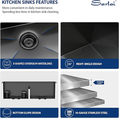 Sarlai 33 Inch Black Undermount Kitchen Sink Double Bowl 33 x 19 Inch Low Divided Gunmetal Black Workstation Double Kitchen Sink Stainless Steel 16 Gauge 50/50 Sinks Basin