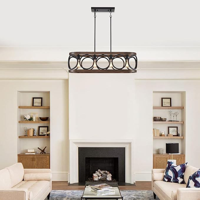 XINGQI 32.7" Kitchen Island Chandeliers Over Table Black Rectangular Linear Pendant Lighting Fixtures Farmhouse 4-Light Wood Grain Finish for Dining Room Living Room Bar Office Coffee Shop