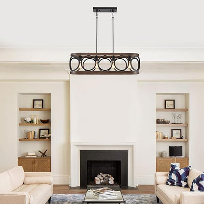 XINGQI 32.7" Kitchen Island Chandeliers Over Table Black Rectangular Linear Pendant Lighting Fixtures Farmhouse 4-Light Wood Grain Finish for Dining Room Living Room Bar Office Coffee Shop