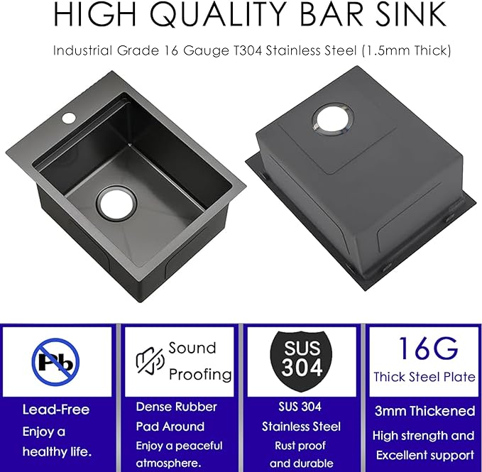 KINGO HOME Drop in Black Bar Sink, 15 x 20 Inch Single Bowl Small Kitchen Sink,304 Stainless Steel Topmount Wet Bar Sink Prep Sink With Grid&Drainer&Cutting Board