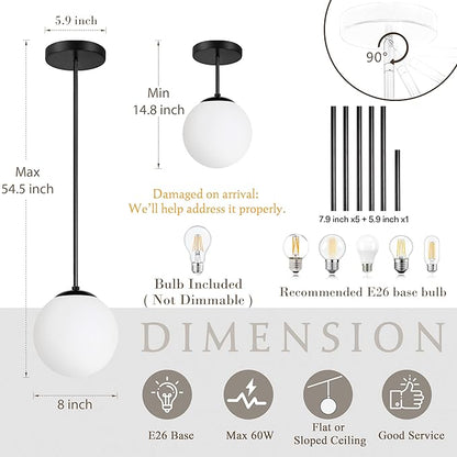 Bagood 8" Globe Pendant Light Black Mid Century Modern Light Fixture Milk Glass Pendant Light Globe Pendant Lights Kitchen Island Matte Black Finished with Milk Glass Lampshade for Dining Room