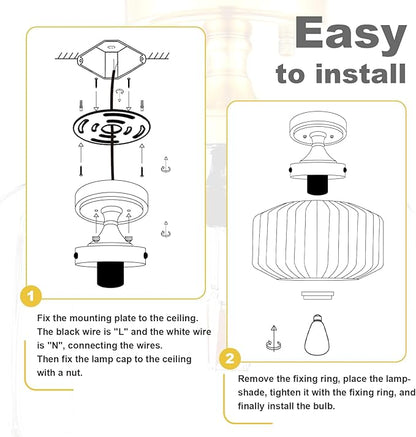 Clear Glass Ceiling Light, Vintage Seeded Glass Flush Mount Fixture with Ribbed Shade, Farmhouse Lighting for Kitchen, Living Room, Bedroom, Entryway, Bathroom