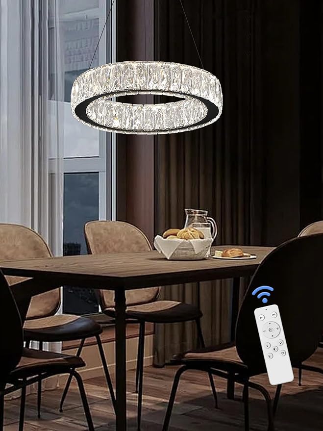 Modern LED Dimmable Crystal Chandelier 15.7in Black Ring Pendant Light Adjustable Round Crystal Chandelier Light for Dining Room Living Room