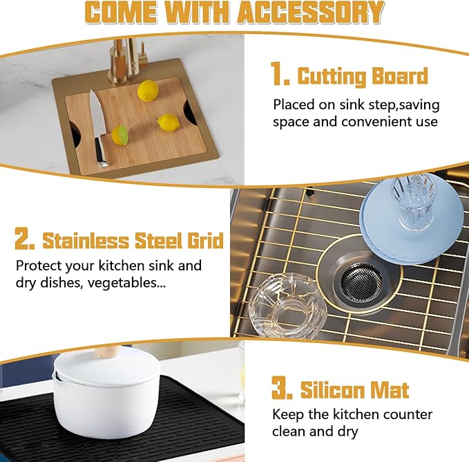 Gold Kitchen & Bar Sink Workstation, 15"x15" Stainless Steel Drop-In Single Bowl With Gold-Tone Accessories - Stylish and Luxurious Look for Kitchens