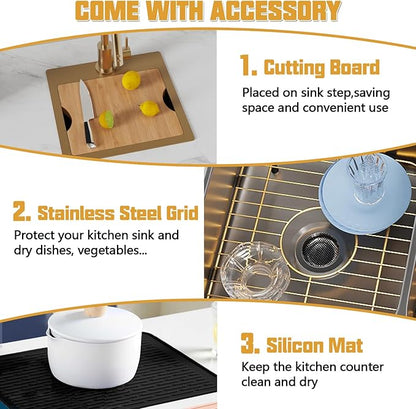 Gold Kitchen & Bar Sink Workstation, 15"x15" Stainless Steel Drop-In Single Bowl With Gold-Tone Accessories - Stylish and Luxurious Look for Kitchens