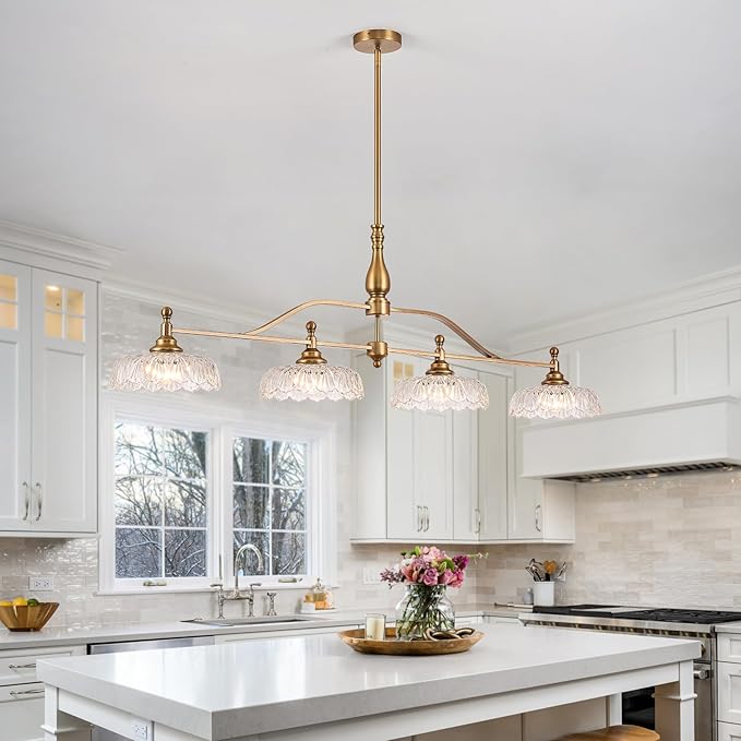 HDDFL Chandeliers Light Pendant Light Fixture Vintage Pendant Lighting Fixtures 4 Lights Chandelier Matte Brass Hanging Light Kitchen Glass Pendant Lights for Island Dining Room Living Room