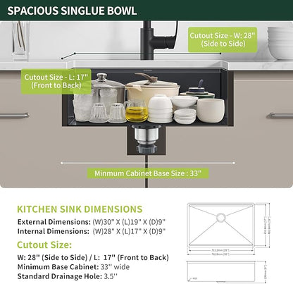 30-inch Black Undermount Kitchen Sink Workstation, SINKVINE 30x19 Large Outdoor Prep Sink, PVD Nano Stainless Steel Single Bowl w/Wood Cutting Board, SST Colander, and Roll-up Dish Drying, Dark Gray