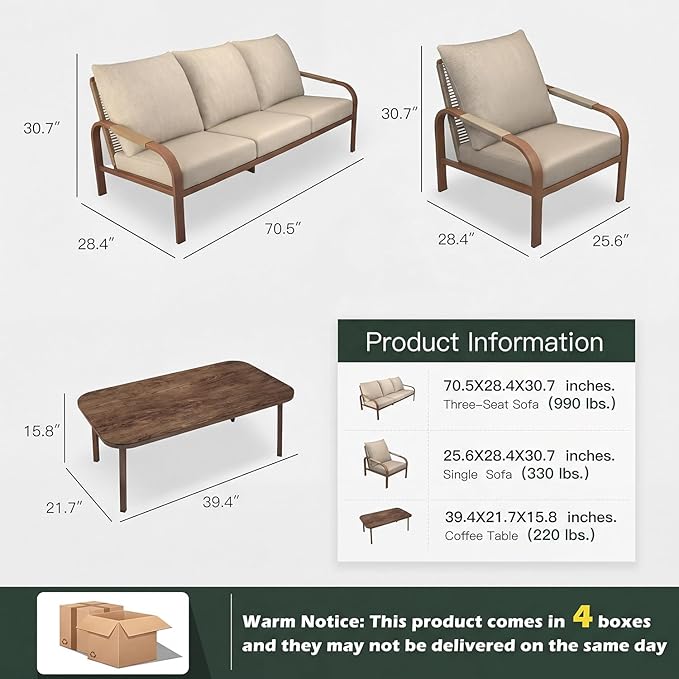 Aluminum Patio Sofa Set, 4-Piece Outdoor Furniture with Coffee Table and Cushions, Garden and Balcony Conversation Set, Beige