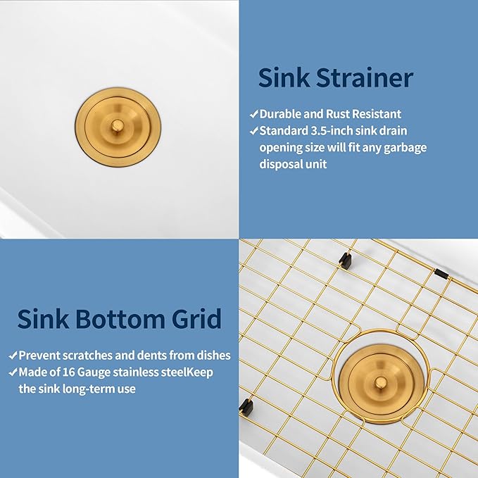 White Bar Sink 18 x 14 Inch, White Granite Composite Undermount Kitchen Sinks, 18 Inch Quartz Stone Kitchen Sink With Gold Sink Drain Assembly and Gold Sink Bottom Grid