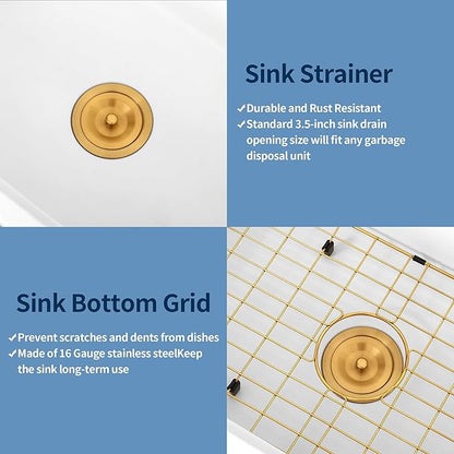 White Bar Sink 18 x 14 Inch, White Granite Composite Undermount Kitchen Sinks, 18 Inch Quartz Stone Kitchen Sink With Gold Sink Drain Assembly and Gold Sink Bottom Grid