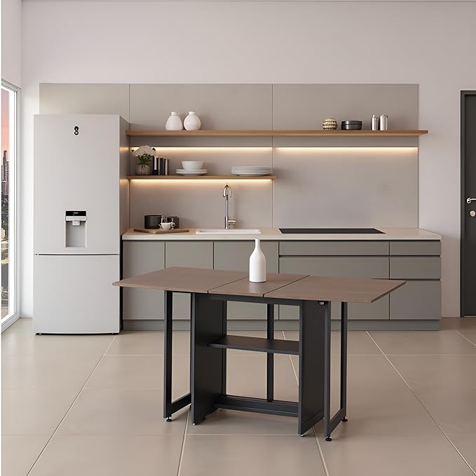 LotFun Folding Dining Table with 2 Storage Racks, Space Saving Dining Table with 6 Wheels, Kitchen Table for Small Spaces