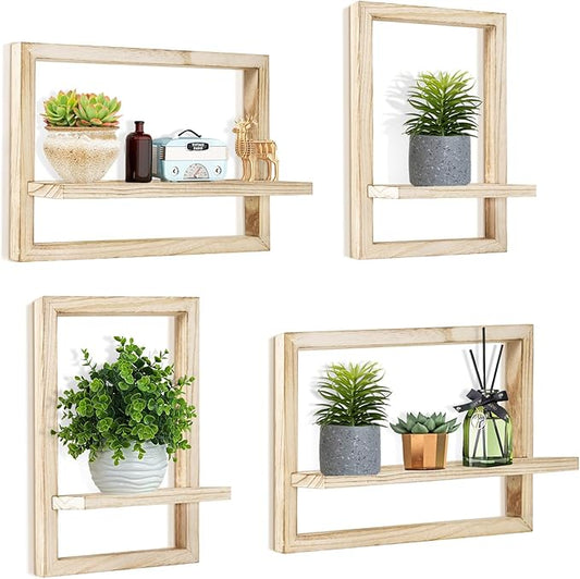idee-home Floating Shelves for Wall, Rustic Square Hanging Floating Shelves Set of 4 Wood, Wall Decor Mounted Bathroom, Living Room, Kitchen Storage
