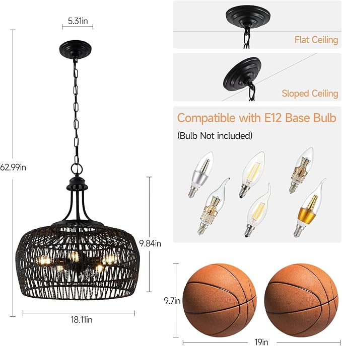 Kitchen Island Light Fixtures, 5-Light Rustic Ceiling Fixture with Twine Making Lampshade, Adjustable Height Boho Light Fixture, Vintage Pendant Lighting for Kitchen, Bedroom (Balck)