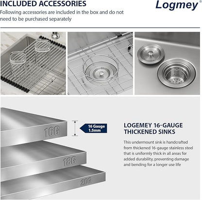 Logmey 33 Inch Undermount Kitchen Sink 33x19 Stainless Steel Sinks SUS304 16 Gauge Handmade Single Bowl Sinks With Round Corners 33x19x9