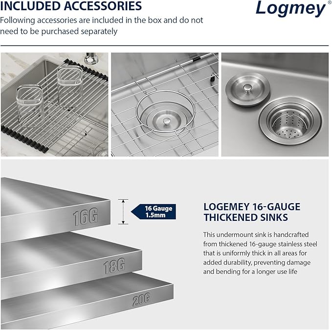 Logmey 32 Inch Undermount Kitchen Sink 32x18 Stainless Steel Undermount Sinks 16 Gauge Single Bowl Under Counter Handmade Sinks 32x18x9