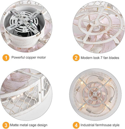 Garwarm Caged Ceiling Fan with Light,20" Flush Mount Ceiling Fan with Remote,Bladeless Low Profile Fandelier Small Ceiling Fans with Lights for Bedroom,Dining Room