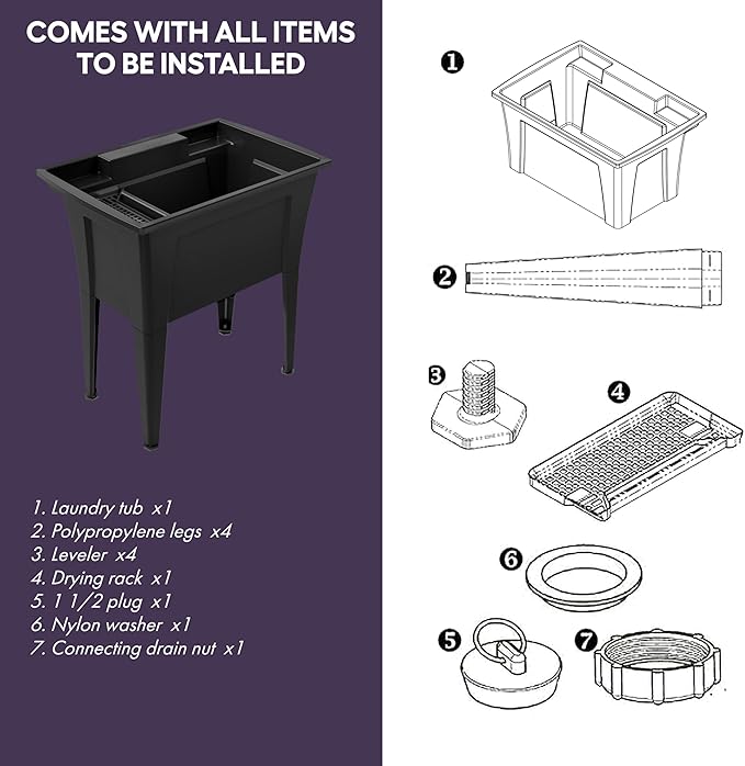 32” Utility Sinks for Laundry Room, Garage, Garden, Basement – Noah William Home Indoor and Outdoor Polypropylene Basement Wash Tub - No Faucet Included (Black)