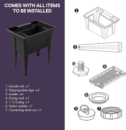 32” Utility Sinks for Laundry Room, Garage, Garden, Basement – Noah William Home Indoor and Outdoor Polypropylene Basement Wash Tub - No Faucet Included (Black)