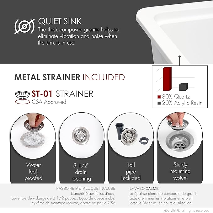 Stylish 32 x 18 Inch Composite Granite Workstation Kitchen Sink, Single Bowl Under Mount & Drop in, 9.5 in Deep, with Cutting Board, Roll-Up Drying Rack, Colander & Strainer, White, S-832WH