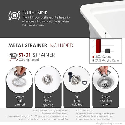 Stylish 32 x 18 Inch Composite Granite Workstation Kitchen Sink, Single Bowl Under Mount & Drop in, 9.5 in Deep, with Cutting Board, Roll-Up Drying Rack, Colander & Strainer, White, S-832WH